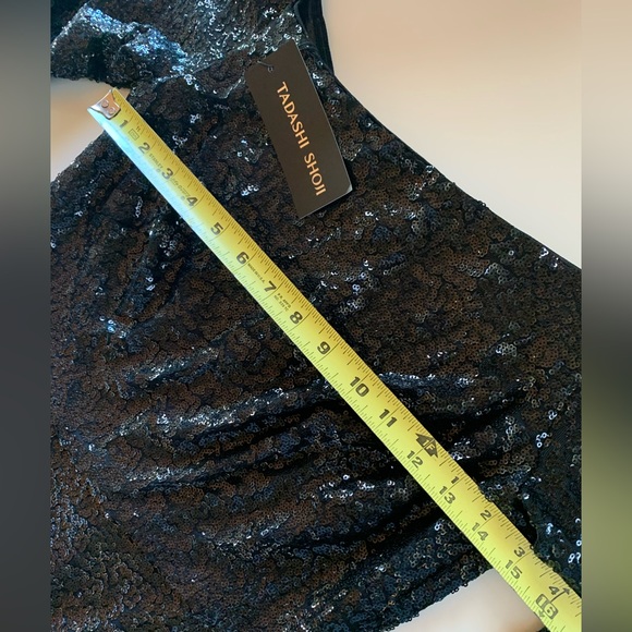 Sequin Holiday Dress Long, Tadashi Shoji Stretch Black & Copper. Long Sleeve - Picture 9 of 14